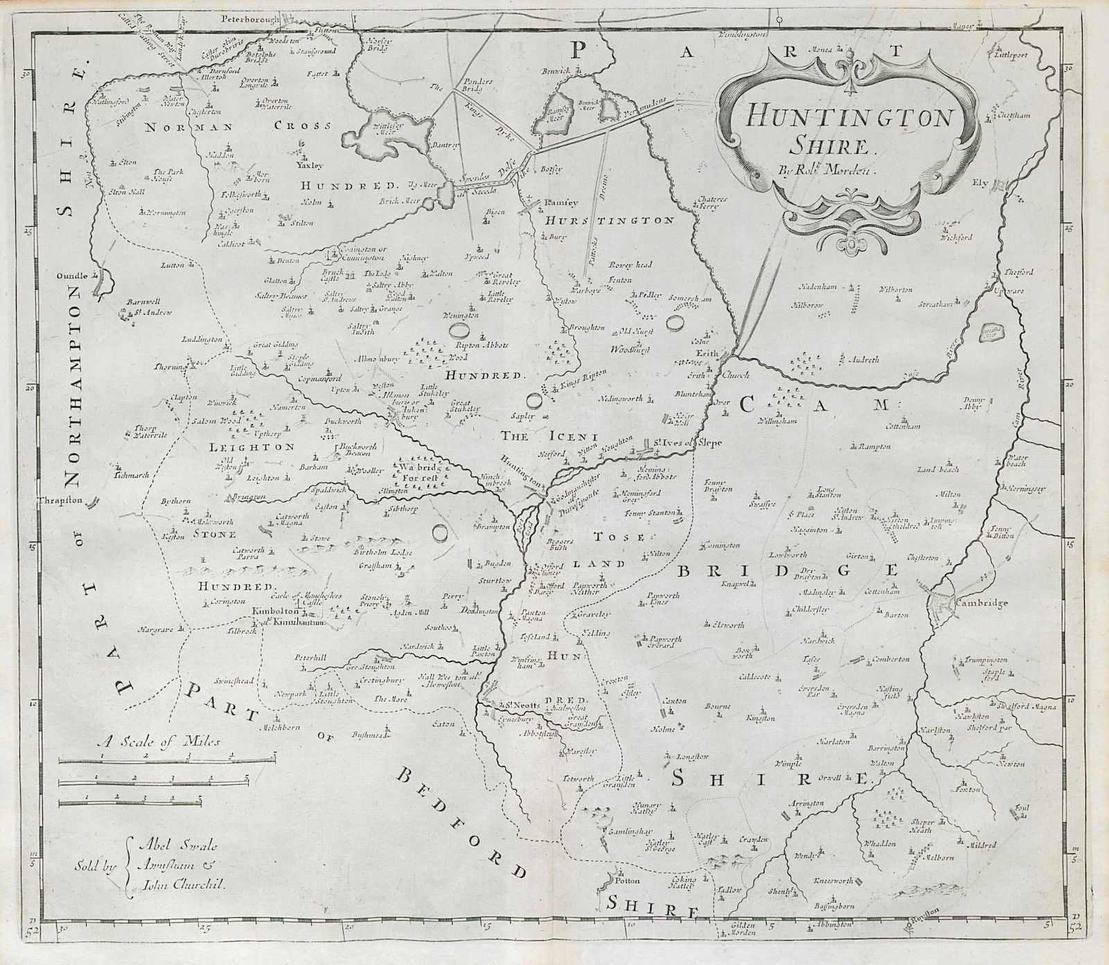 'HUNTINGTON SHIRE' Huntingdonshire by ROBERT MORDEN. Camden's Britannia 1722 map